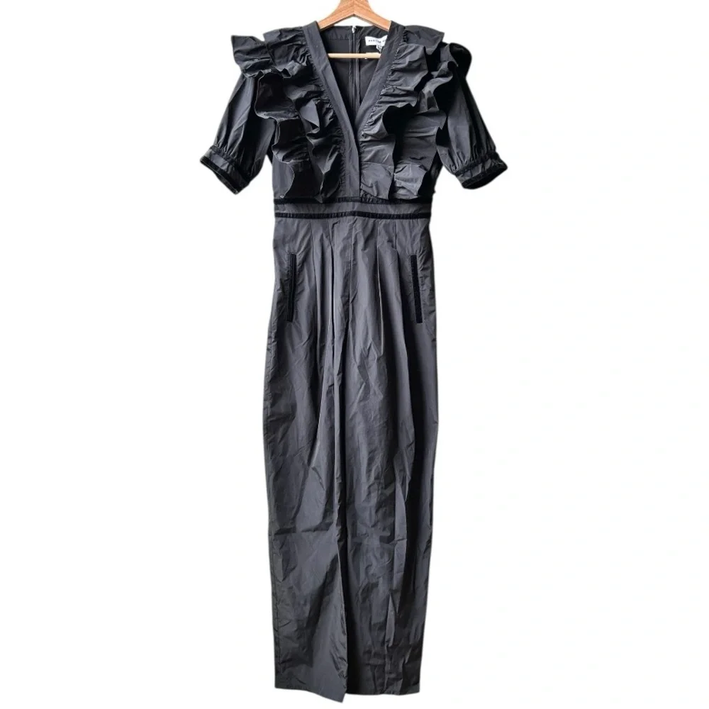 NWT HUNTER BELL Onyx Black Elva Ruffle Velvet Trim Jumpsuit Sz 4 - Picture 6 of 16